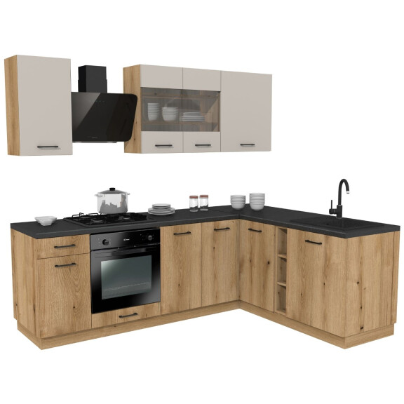 Zestaw narożny z blatem VERSO 240x180 cm dąb evoke/kaszmir mat - cokół 15 cm 