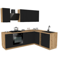 Zestaw narożny z blatem VERSO 240x180 cm czarny mat/czarny mat lamela - cokół 15 cm 