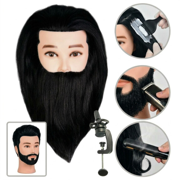 Träningshuvud herr med skägg Carl Black 40 cm äkta hår - frisörhuvud inkl. hållare