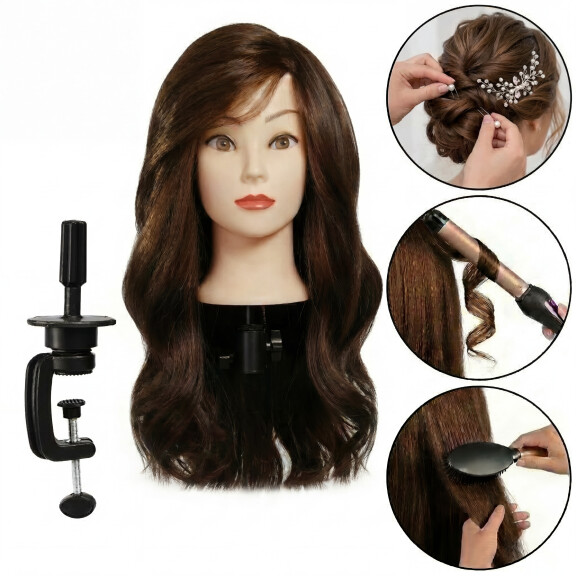Övningshuvud Alinka 80 cm brun, 60% äkta hår + hållare - frisörhuvud för styling och flätning