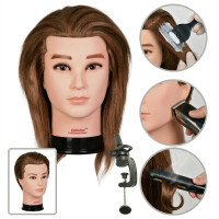 Brandon Träningshuvud för frisörer 40 cm äkta hår - Herr, brunt med stativ och hållare för styling