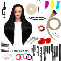 Set träningshuvud Ilsa 60 Black, syntetiskt hår + 80 tillbehör + handtag, frisör för kamning, träningshuvud