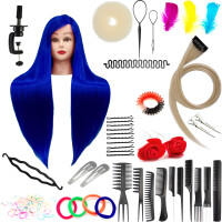 Set träningshuvud Iza 60 Blue, syntetiskt hår + 80 tillbehör + handtag, frisör för kamning, träningshuvud