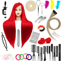 Set träningshuvud Ilsa 80 Red, syntetiskt hår + 80 tillbehör + handtag, frisör för kamning, träningshuvud