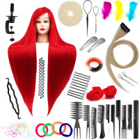Set träningshuvud Ilsa 90 Red, syntetiskt hår + 80 tillbehör + handtag, frisör för kamning, träningshuvud