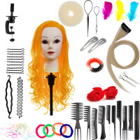 Set Neon Training Head 70 Blond, syntetiskt hår + 80 tillbehör + handtag, frisör för kamning, träningshuvud
