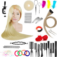 Set träningshuvud Ula 70 Blond, syntetiskt hår + 80 tillbehör + hållare, frisör för kamning, träningshuvud