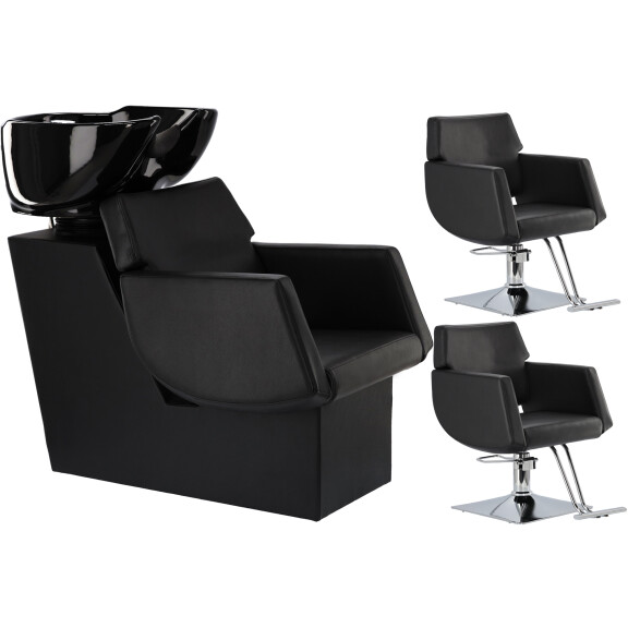 Chloe Black Set za frizerski salon i 2 x hidraulična okretna frizerska stolica s podnožjem za frizerski salon, pokretni umivaonik s keramičkom...