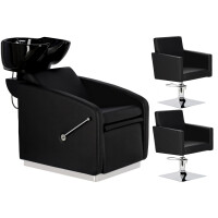 Atina Svart set frisörtvätt och 2x hydraulisk roterande frisörstol för frisörsalong tvättställ rörlig keramisk skål armatur kran duschhandtag