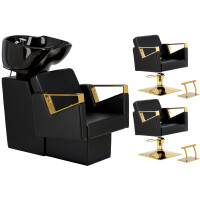 Tomas Gold Set svart frisörtvätt och 2 x hydraulisk roterande frisörstol fotstöd för frisörsalong tvättställ rörlig keramisk skål armatur kran...