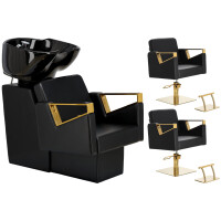 Tomas Gold Set svart frisörtvätt och 2 x hydraulisk roterande frisörstol fotstöd för frisörsalong tvättställ rörlig keramisk skål armatur kran...