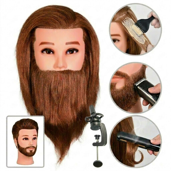 Träningshuvud för herrar James Brown med skägg 40 cm – Frisörhuvud i äkta hår inkl. hållare