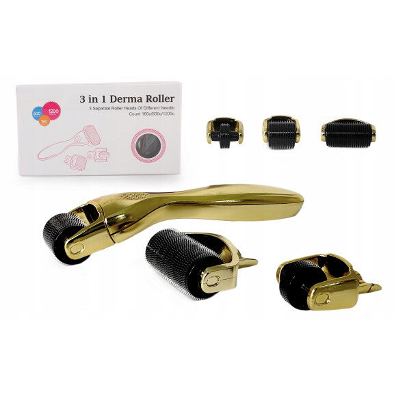 3x Derma roller keho kasvot silmät dermaroller 3-in-1 titaani kulta