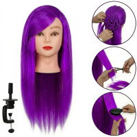 Harjoituspää Iza 60 cm violetti, lämpöhiukset + pidike, kampaamoharjoitus, harjoituspää