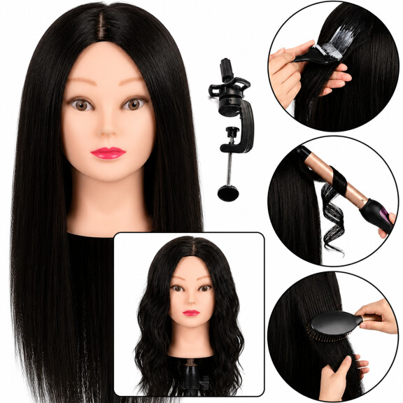 Jessica-harjoituspää 65 cm black, aitohiukset + pidike - kampaustreenipää kampauksille