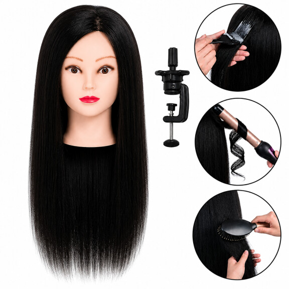 Harjoituspää Ela 55 cm black, aitoa hiusta + pidike - kampaamopää kampausten harjoitteluun
