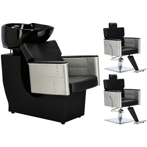 Modus Setti kampaamo ja 2 x hydraulinen pyörivä kampaamotuoli jalkatuki kampaamoon liikkuva pesuallas keramiikkainen allasvaruste hana suihkupää