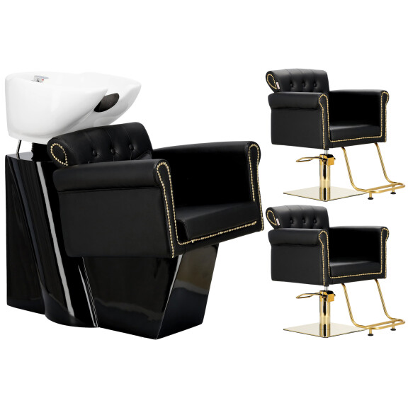 Sarja musta Kiva kampaamopesuasema ja 2 x hydraulinen pyörivä kampaamotuoli kampaamolle siirrettävä pesukone keraaminen kulho varusteet akku luuri