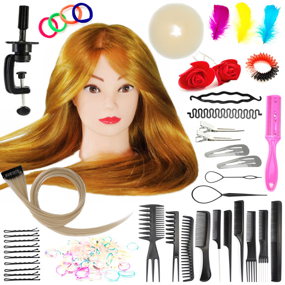 Zestaw pääharjoittelua Blanka 65 Golden, sekoitettu hiukset 60% + 80 tarvikkeet + kahva, kampaajan harjaamiseen, harjoittelupää