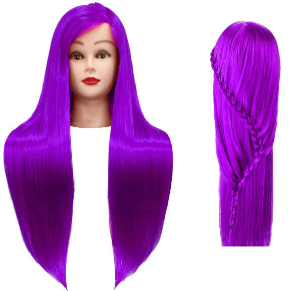 Iza 90 cm violetti harjoituspää, lämpöhiukset + pidike, kampaamoharjoitteluun, harjoituspää