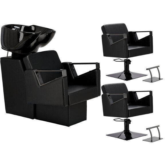 Tomas Musta kampaamopesuallas ja 2 x hydraulinen kampaamotuoli pyörivä jalkatuki kampaamoon liikkuva pesuallas keraaminen allas varusteet hana...