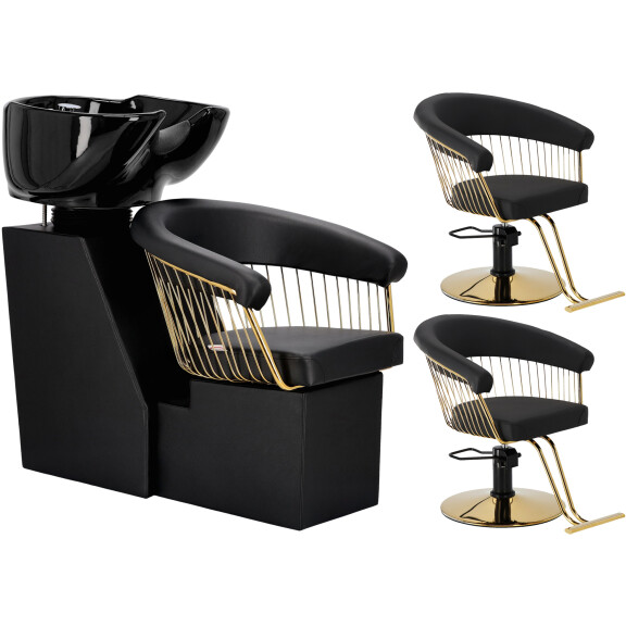 Zoe Gold Pesusarja ja 2 x pyörivä hydraulinen kampaamotuoli kampaamoon + liikuteltava pesuallas keramiikkamaljalla, hanalla ja suihkupäällä.