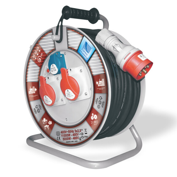 Przedłużacz zwijany 3-fazowy 35m, IP-44, 2x400V + 1x230V, guma 5x2.5, termik, max 11KW