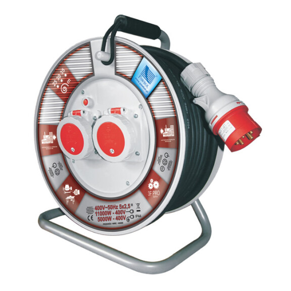 Przedłużacz zwijany 3-fazowy 30m, IP-55, 2x400V, guma 5x2.5, termik, max 11KW