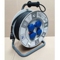 Przedłużacz zwijany 1-fazowy 50m, IP-55, 4x230V, guma 3x2.5, termik, max 4,6KW