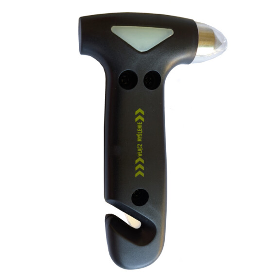 Młotek bezpieczeństwa do szyb z nożem życia (przecina pasy samochodowe)