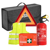 Zestaw samochodowy 4AT: Gaśnica, trójkąt, kamizelka, apteczka w organizerze