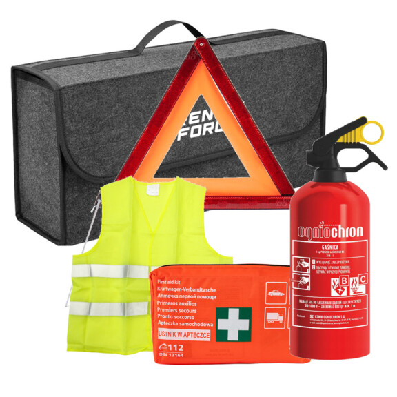Zestaw samochodowy 4AT: Gaśnica, trójkąt, kamizelka, apteczka w organizerze