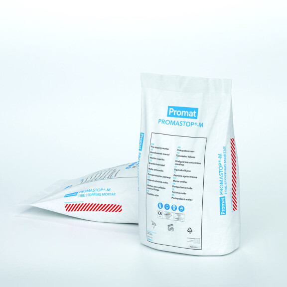 PROMASTOP®-M – ogniochronna zaprawa mineralna do przejść instalacyjnych, klap i drzwi przeciwpożarowych EI30–EI240 (worek 20 kg – Promat)