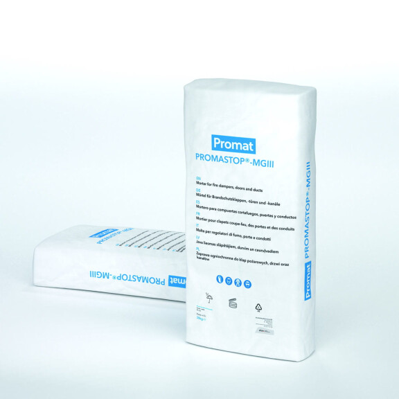 PROMASTOP®-MG III – ogniochronna zaprawa mineralna do przejść instalacyjnych, klap i drzwi przeciwpożarowych EI30–EI240 (worek 25 kg – Promat)