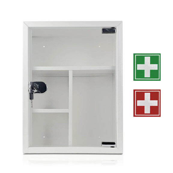 Ścienna Metalowa Apteczka, Szklane Drzwiczki, Biała, 30X40X15 Cm Czerwony
