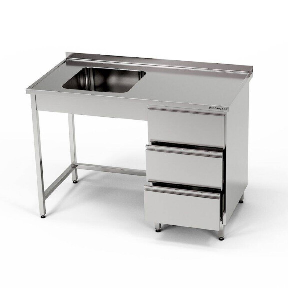 Masă inox cu chiuvetă cu 1 vas și bloc cu 3 sertare 120x60x85 cm | FORGAST