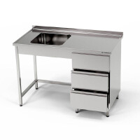 Masă inox cu chiuvetă cu 1 vas și bloc cu 3 sertare 150x70x85 cm | FORGAST