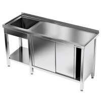 Masă inox cu chiuvetă cu 1 vas și dulap 220x60x85 cm | FORGAST