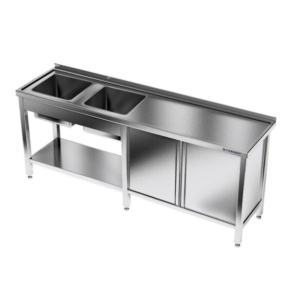 Masă inox cu chiuvetă cu 2 compartimente 220x60x85 cm | FORGAST