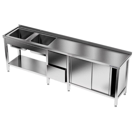 Masă inox cu chiuvetă cu 2 compartimente 280x60x85 cm | FORGAST