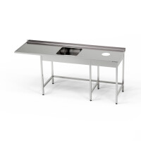 Masă inox cu chiuvetă cu 1 vas, spațiu pentru mașina de spălat vase și deschidere pentru deșeuri 280x70x85 cm | FORGAST