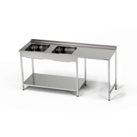 Masă inox cu chiuvetă cu 2 căzi și spațiu pentru mașina de spălat vase 190x70x85 cm | FORGAST