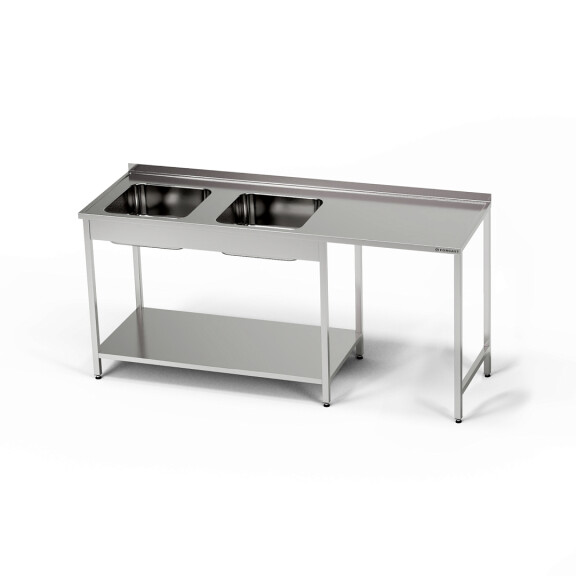 Masă inox cu chiuvetă cu 2 compartimente și spațiu pentru mașina de spălat vase 220x60x85 cm | FORGAST