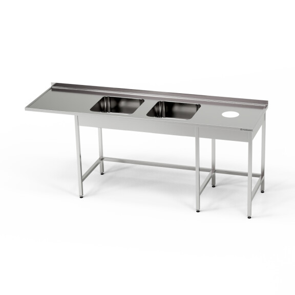 Masă din inox cu chiuvetă cu 2 vase, spațiu pentru mașina de spălat vase și evacuare a deșeurilor 260x70x85 cm | FORGAST
