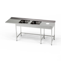 Masă din inox cu chiuvetă cu 2 vase, spațiu pentru mașina de spălat vase și deschidere pentru deșeuri 270x70x85 cm | FORGAST