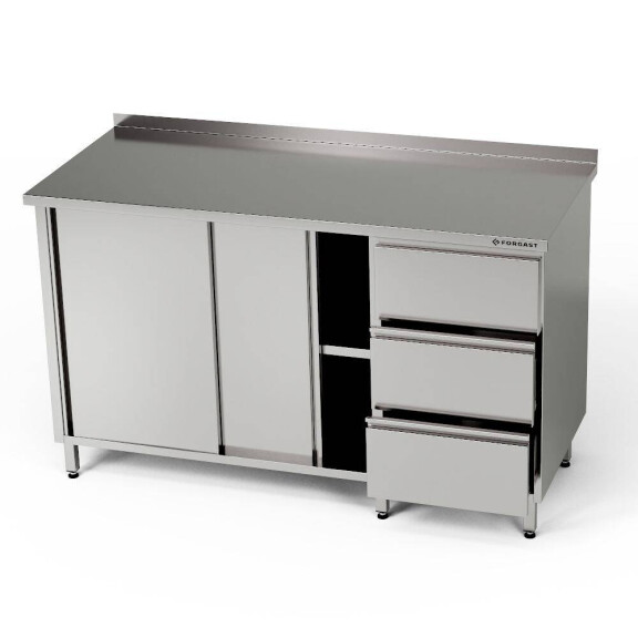 Masă de lucru din oțel inoxidabil cu dulap și bloc cu 3 sertare 120x60x85 cm | FORGAST
