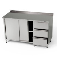 Masă de lucru din oțel inoxidabil cu dulap și bloc cu 3 sertare 210x70x85 cm | FORGAST