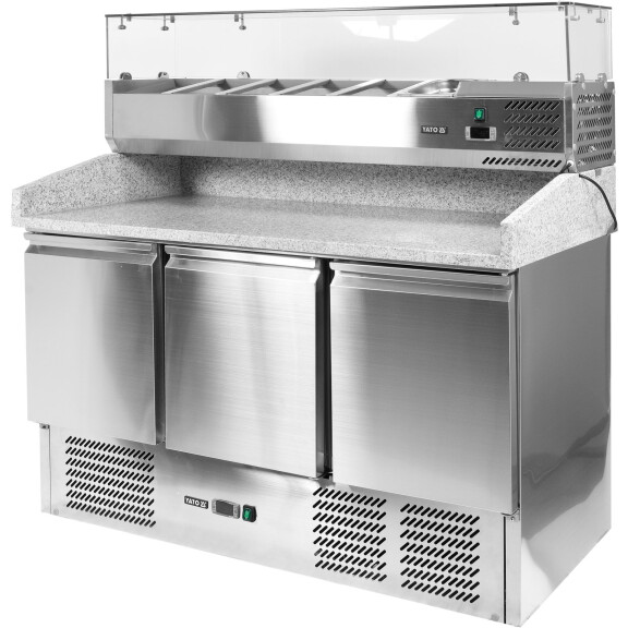 Masă frigorifică cu 3 uși pentru pizza cu extensie din sticlă | YATO YG-05305