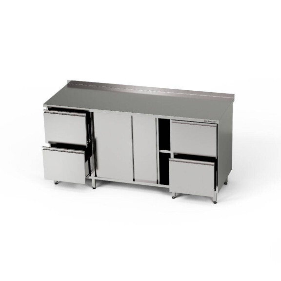 Masă de lucru din oțel inoxidabil cu dulap și 2 blocuri de 2 sertare 230x70x85 cm | FORGAST