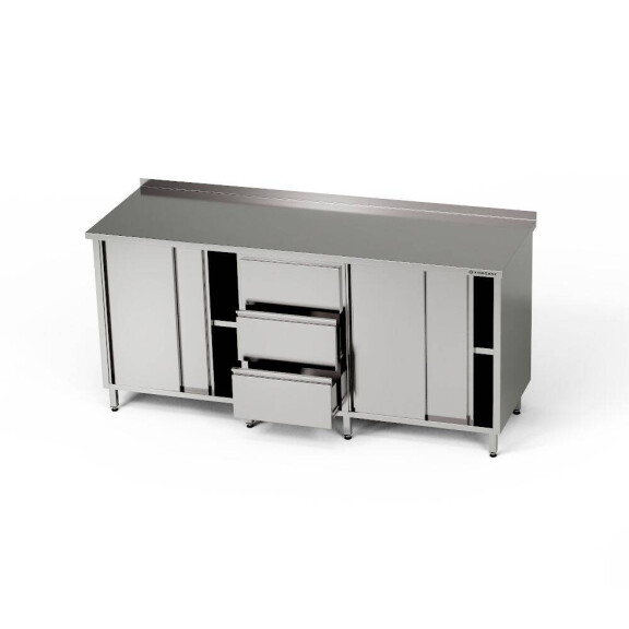 Masă de lucru din oțel inoxidabil cu 2 dulapuri și bloc cu 3 sertare 270x60x85 cm | FORGAST